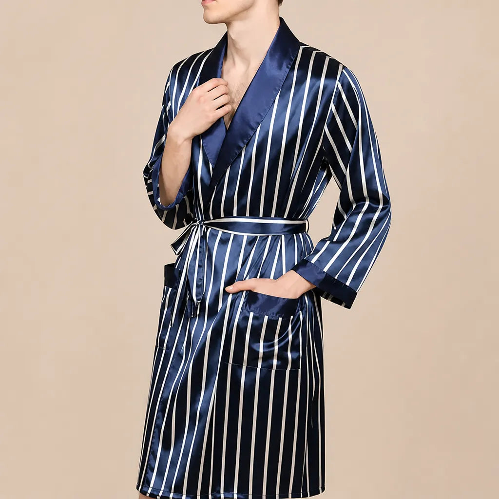 La boutique du peignoir Peignoir Kimono Homme - en Satin, Bleu Marine Rayé
