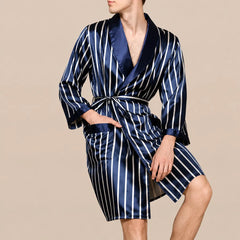 La boutique du peignoir Peignoir Kimono Homme - en Satin, Bleu Marine Rayé