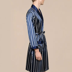 La boutique du peignoir Peignoir Kimono Homme - en Satin, Bleu Marine Rayé