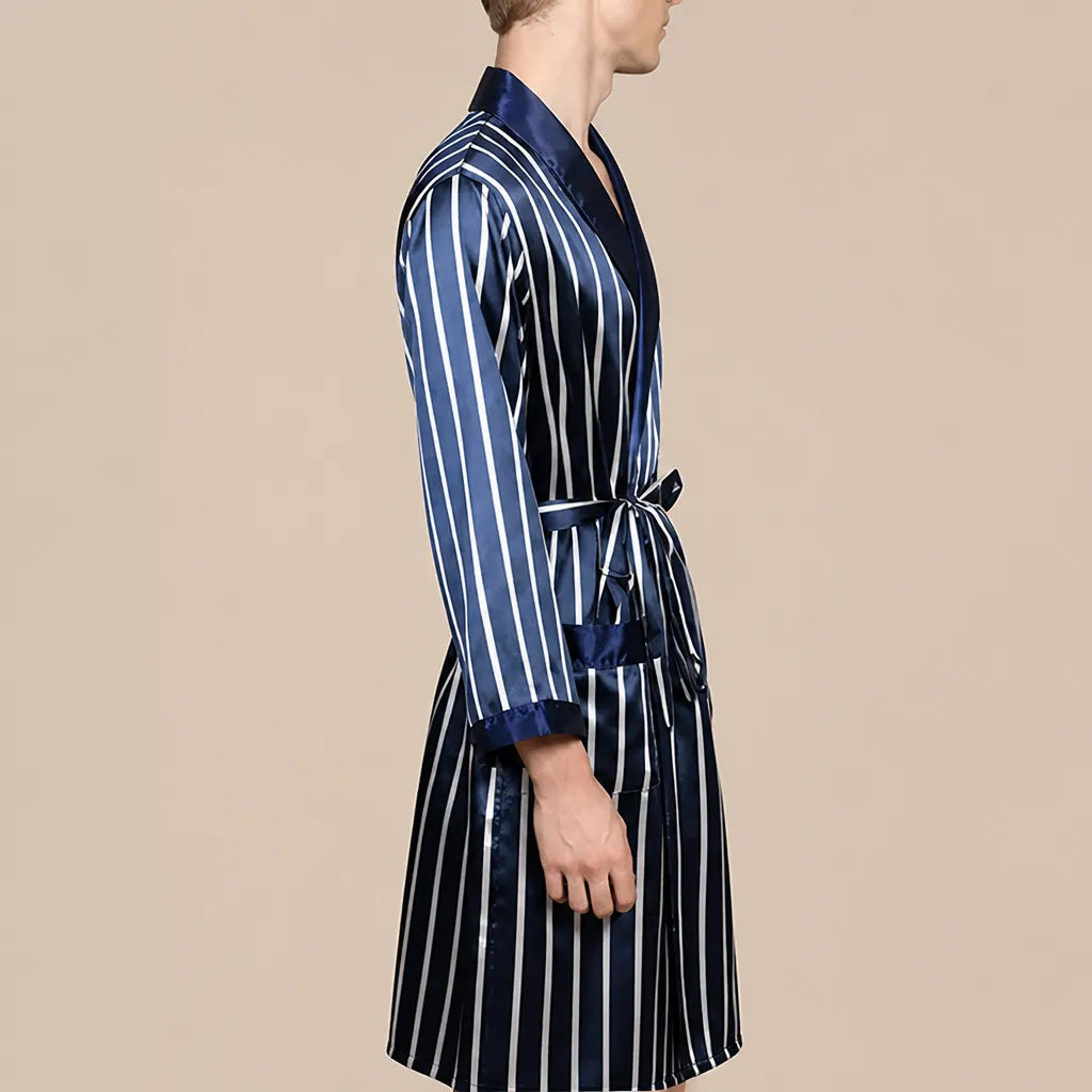 La boutique du peignoir Peignoir Kimono Homme - en Satin, Bleu Marine Rayé