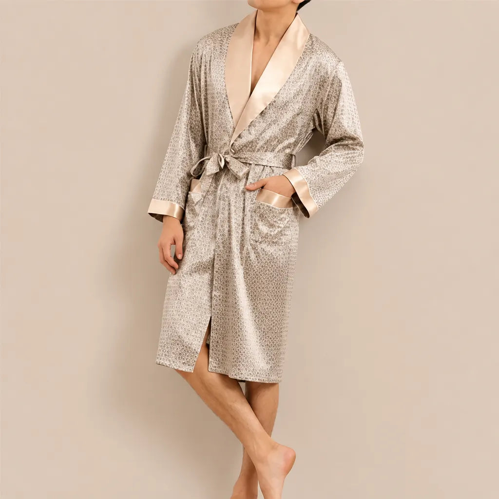 La boutique du peignoir Peignoir Kimono Homme - en Satin, Doré à Petits Motifs