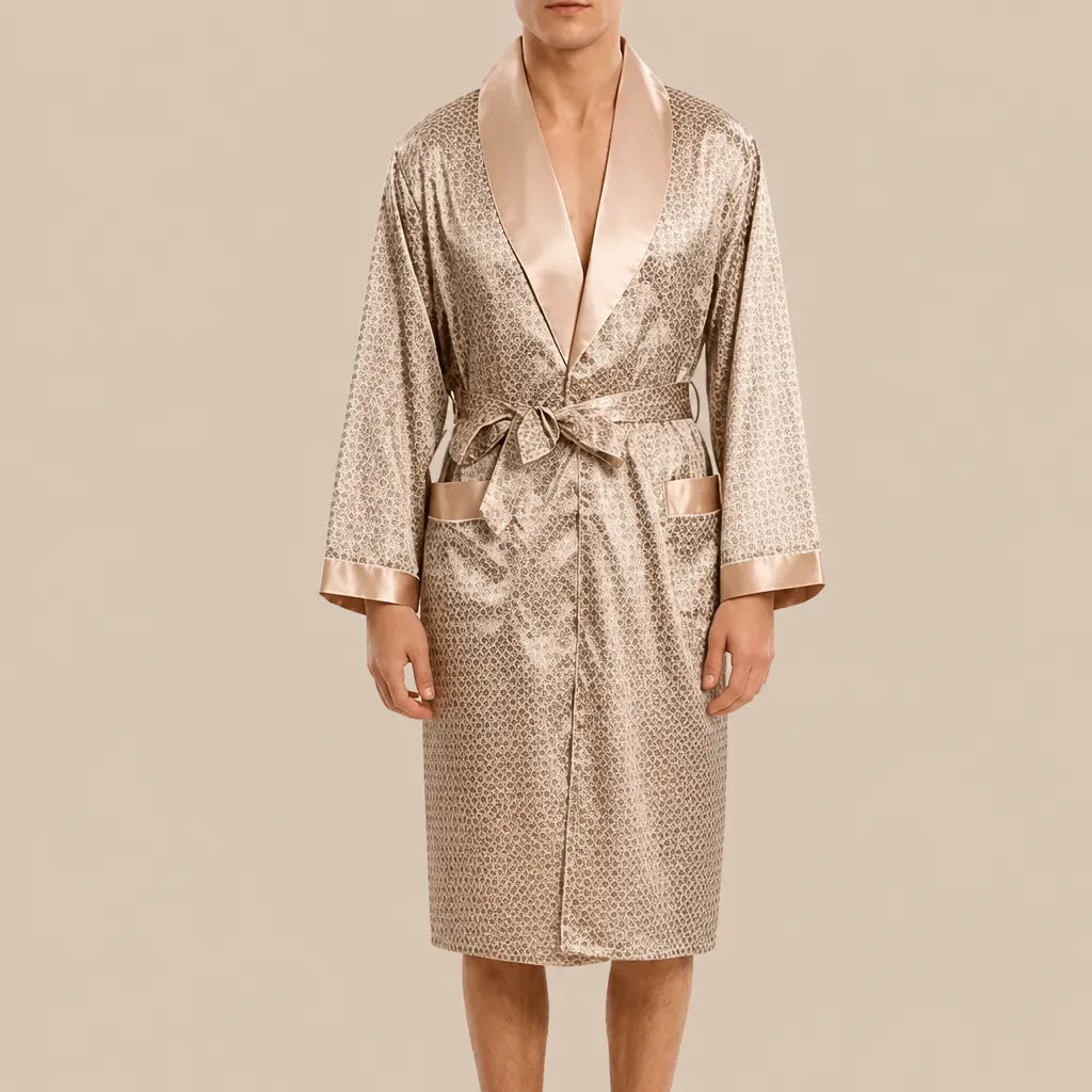 La boutique du peignoir Peignoir Kimono Homme - en Satin, Doré à Petits Motifs