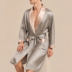 La boutique du peignoir Peignoir Kimono Homme - en Satin, Gris Taupe à Losanges