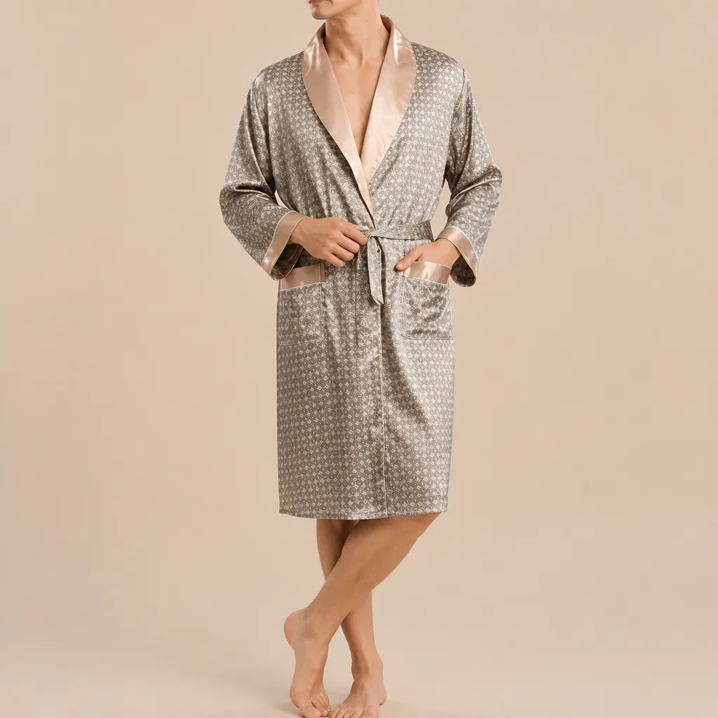 La boutique du peignoir Peignoir Kimono Homme - en Satin, Gris Taupe à Losanges