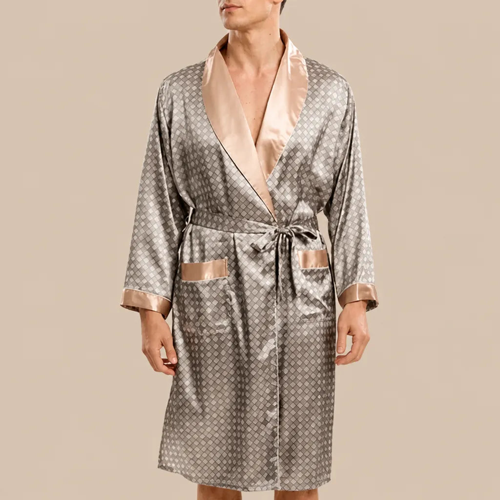 La boutique du peignoir Peignoir Kimono Homme - en Satin, Gris Taupe à Losanges