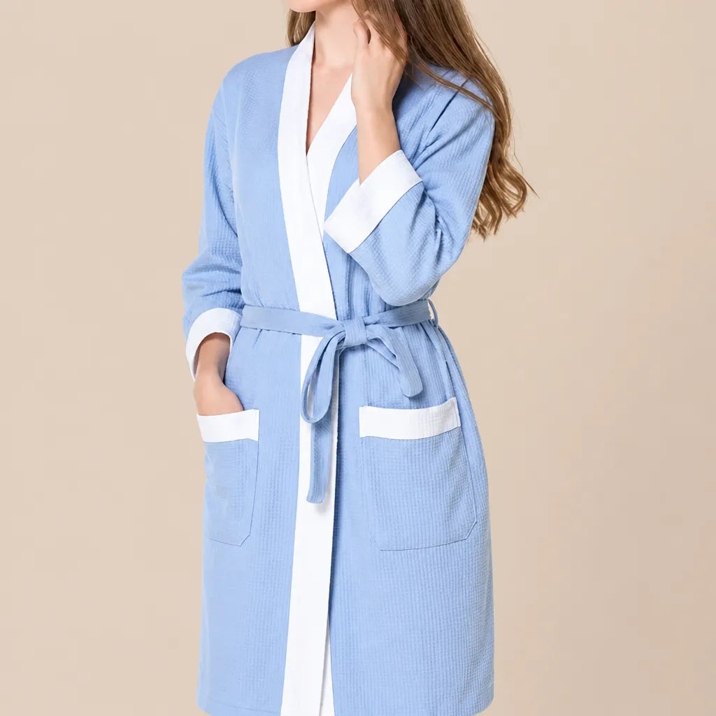 La boutique du peignoir Peignoir Nid d'Abeille Femme - Kimono Bicolore, Bleu Ciel et Blanc