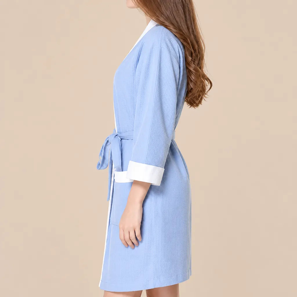 La boutique du peignoir Peignoir Nid d'Abeille Femme - Kimono Bicolore, Bleu Ciel et Blanc