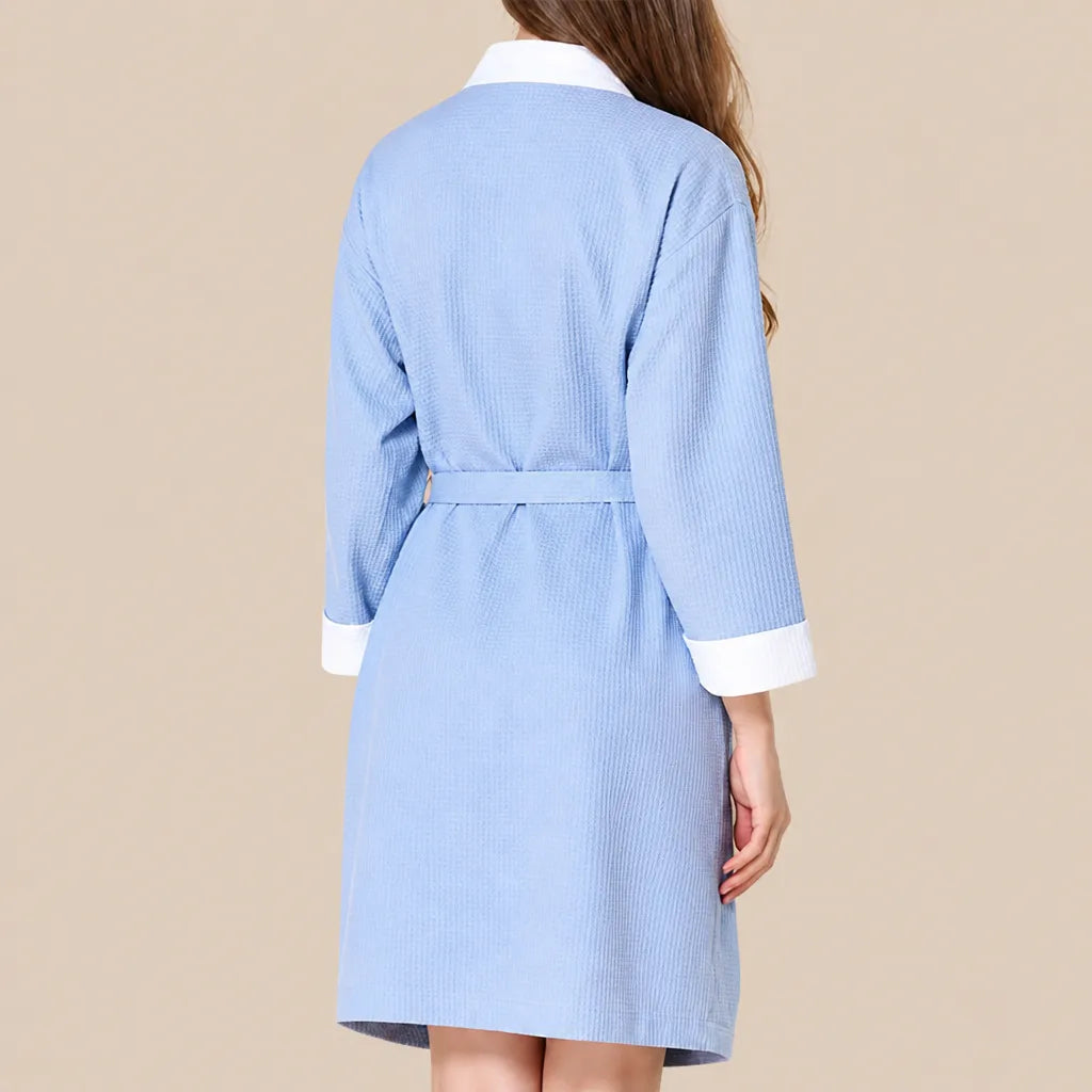 La boutique du peignoir Peignoir Nid d'Abeille Femme - Kimono Bicolore, Bleu Ciel et Blanc