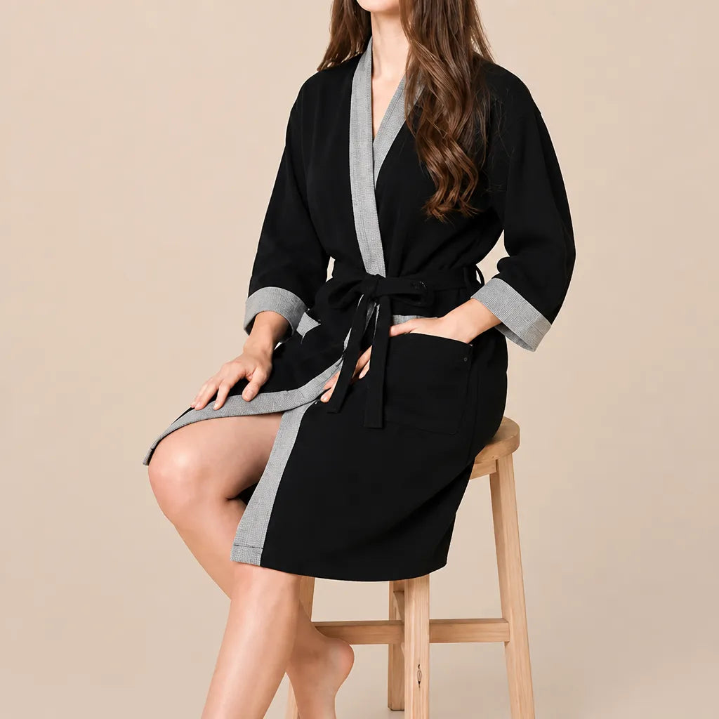 La boutique du peignoir Peignoir Nid d'Abeille Femme - Kimono Bicolore, Noir et Gris