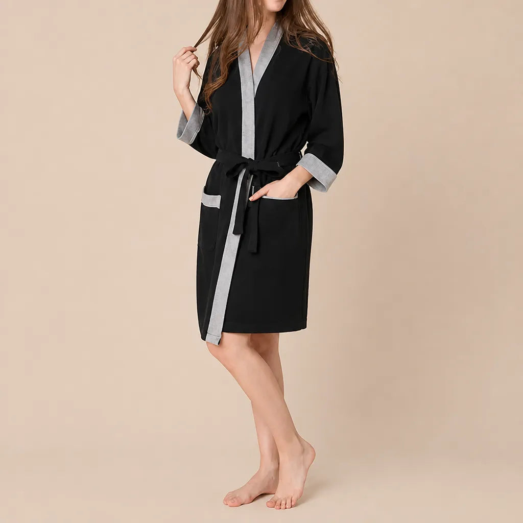 La boutique du peignoir Peignoir Nid d'Abeille Femme - Kimono Bicolore, Noir et Gris