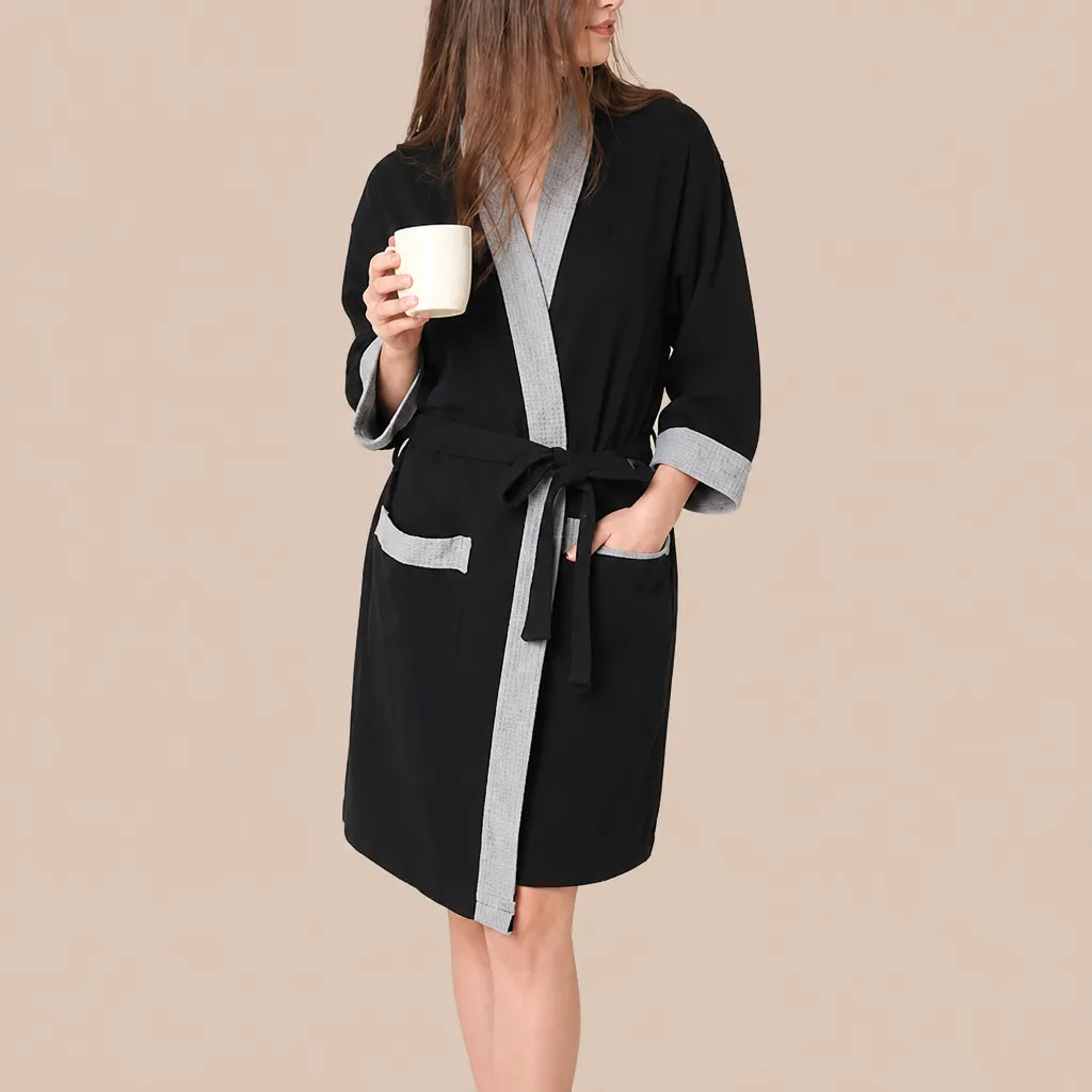 La boutique du peignoir Peignoir Nid d'Abeille Femme - Kimono Bicolore, Noir et Gris