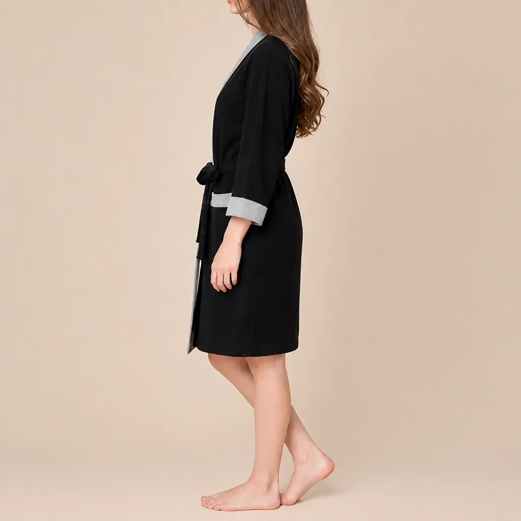 La boutique du peignoir Peignoir Nid d'Abeille Femme - Kimono Bicolore, Noir et Gris