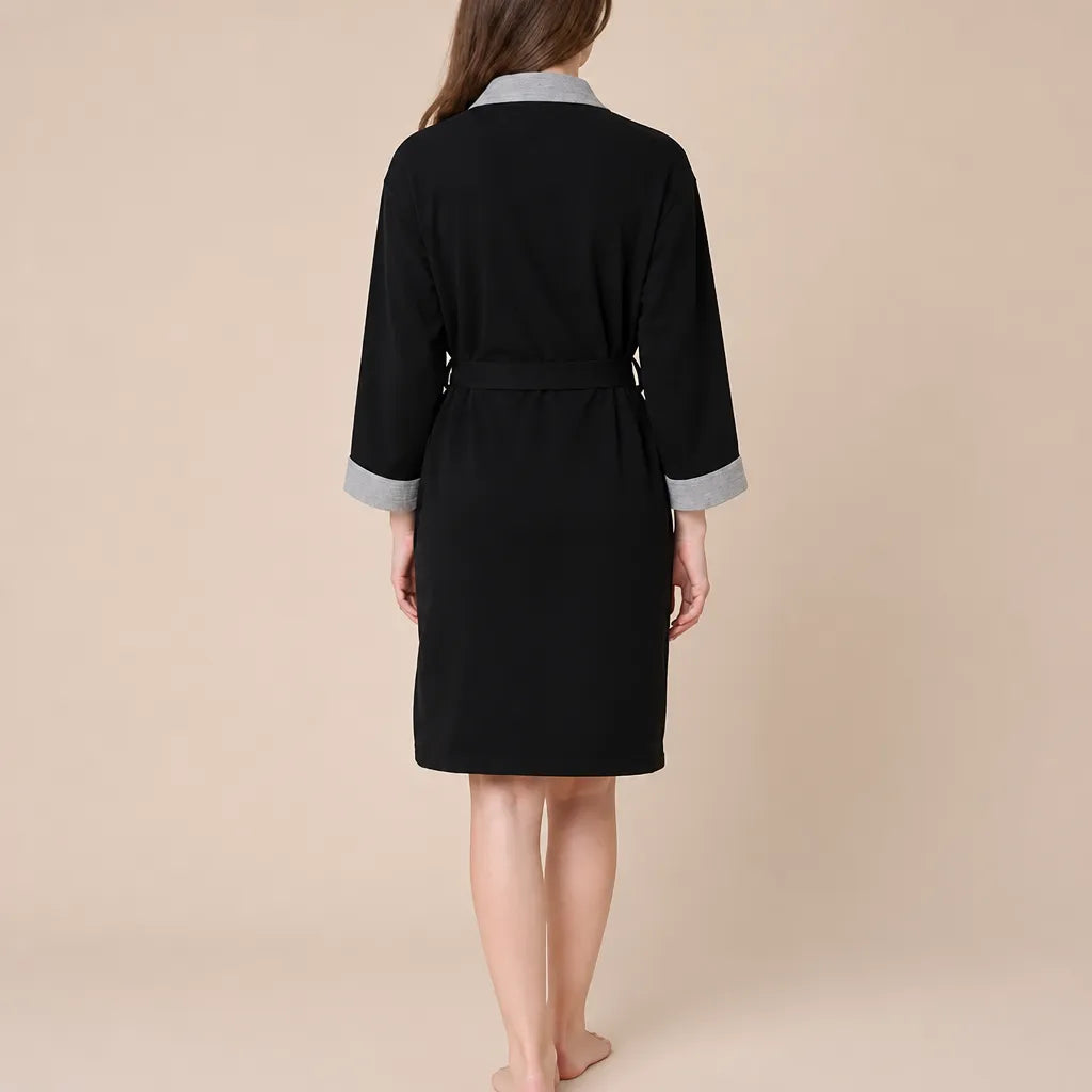 La boutique du peignoir Peignoir Nid d'Abeille Femme - Kimono Bicolore, Noir et Gris