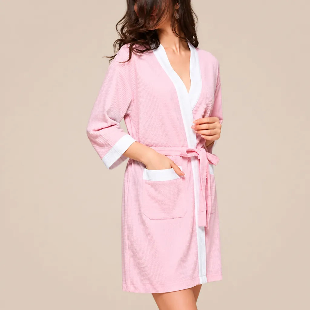 La boutique du peignoir Peignoir Nid d'Abeille Femme - Kimono Bicolore, Rose et Blanc
