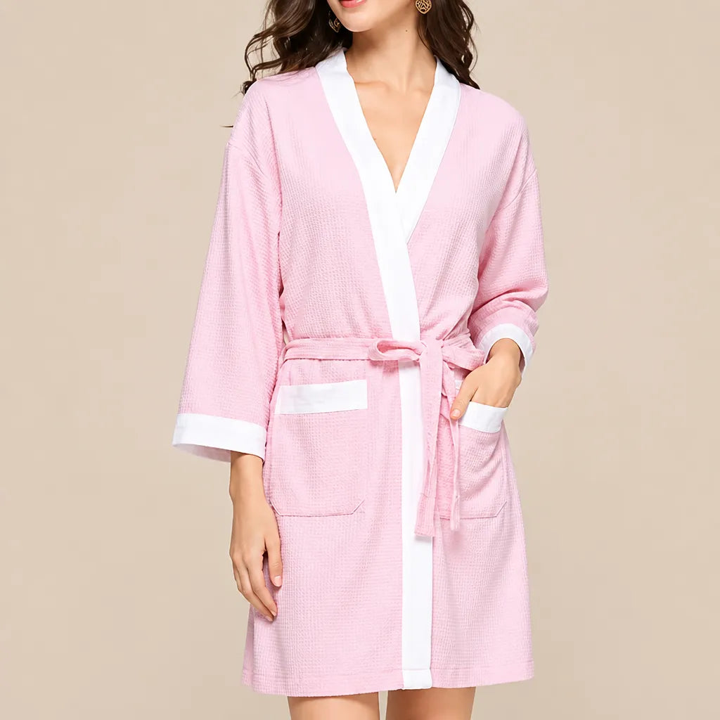 La boutique du peignoir Peignoir Nid d'Abeille Femme - Kimono Bicolore, Rose et Blanc