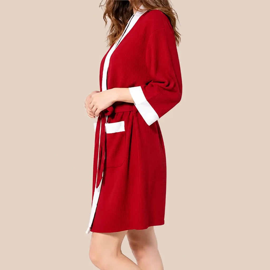 La boutique du peignoir Peignoir Nid d'Abeille Femme - Kimono Bicolore, Rouge et Blanc