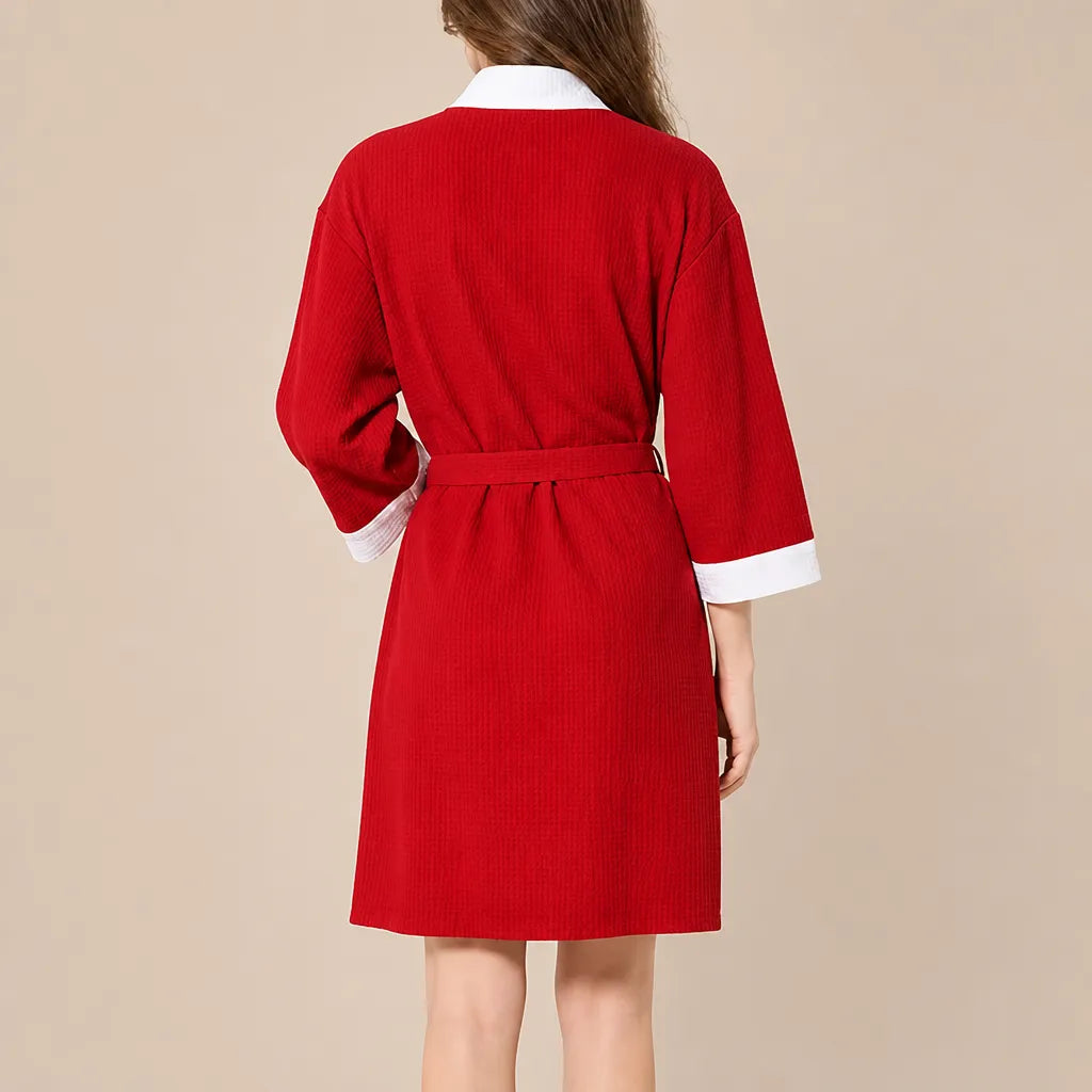 La boutique du peignoir Peignoir Nid d'Abeille Femme - Kimono Bicolore, Rouge et Blanc