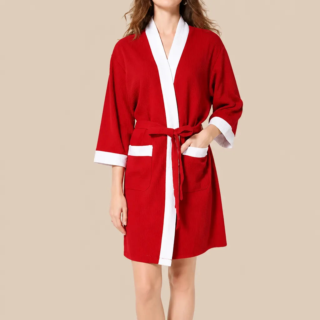 La boutique du peignoir Peignoir Nid d'Abeille Femme - Kimono Bicolore, Rouge et Blanc
