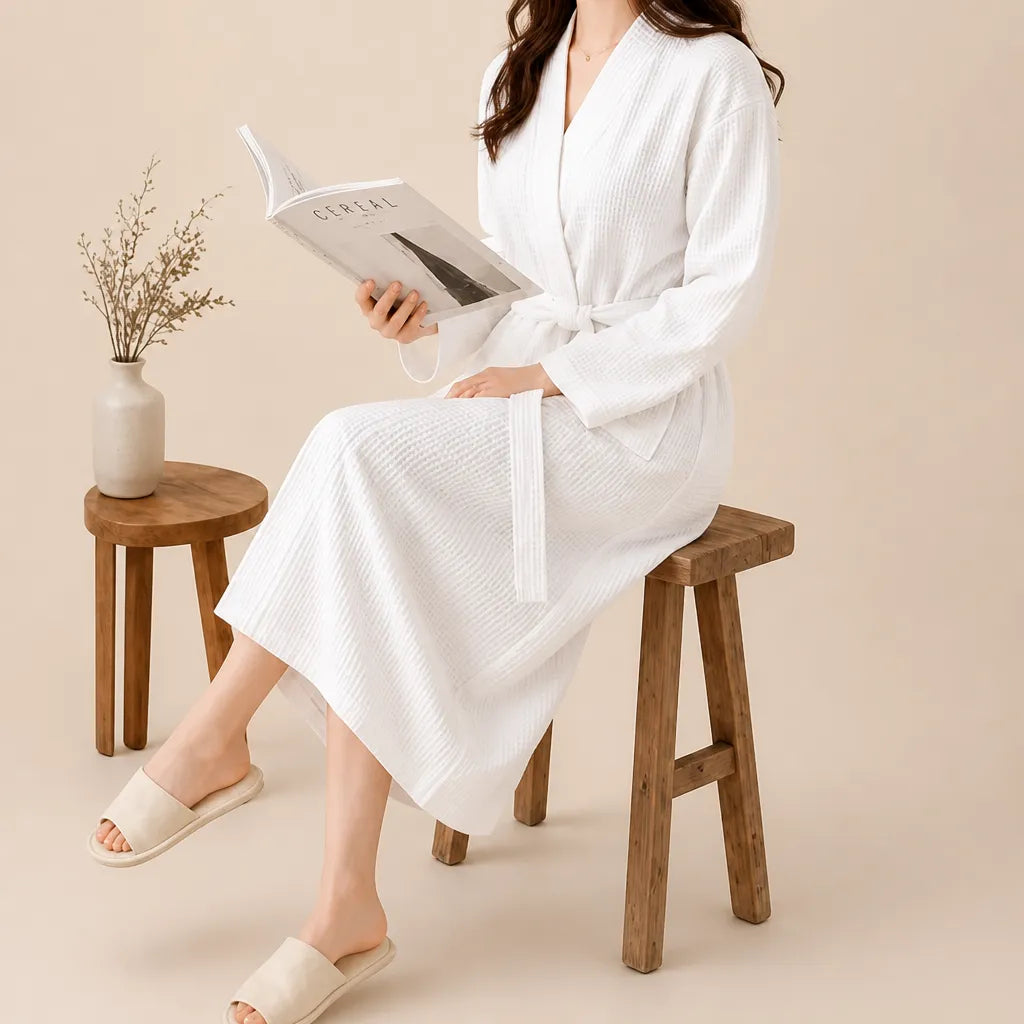 La boutique du peignoir Peignoir Nid d'Abeille Femme - Long et Léger, Blanc