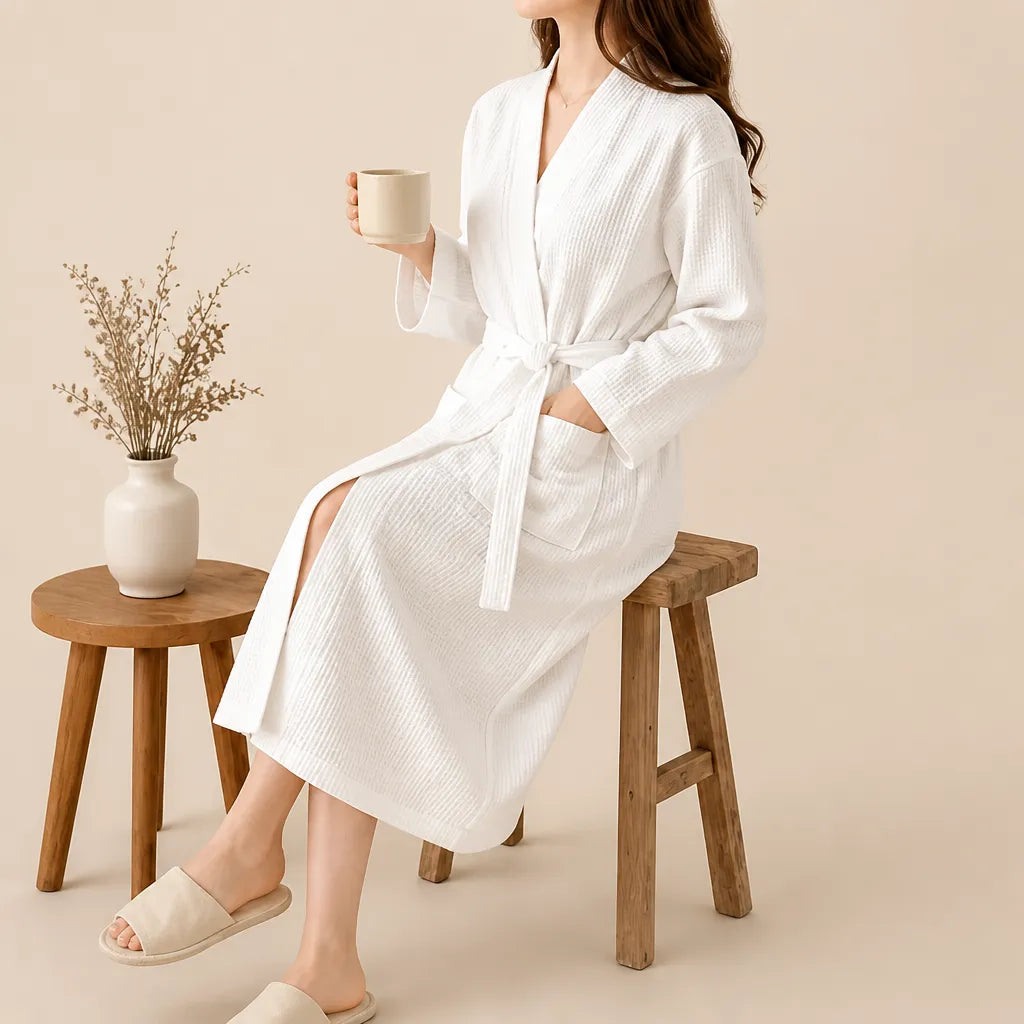La boutique du peignoir Peignoir Nid d'Abeille Femme - Long et Léger, Blanc