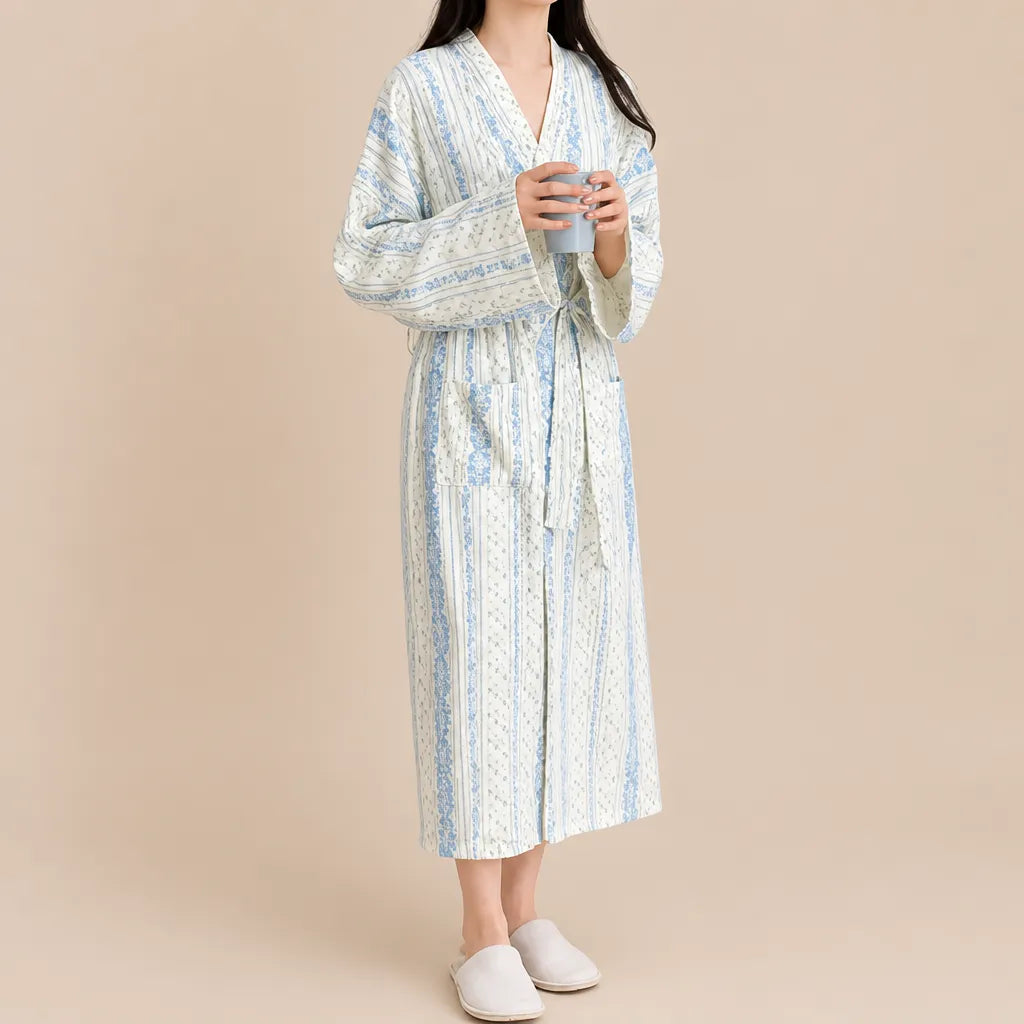 La boutique du peignoir Peignoir Nid d'Abeille Femme - Long et Léger, Rayé Fleuri Bleu Ciel