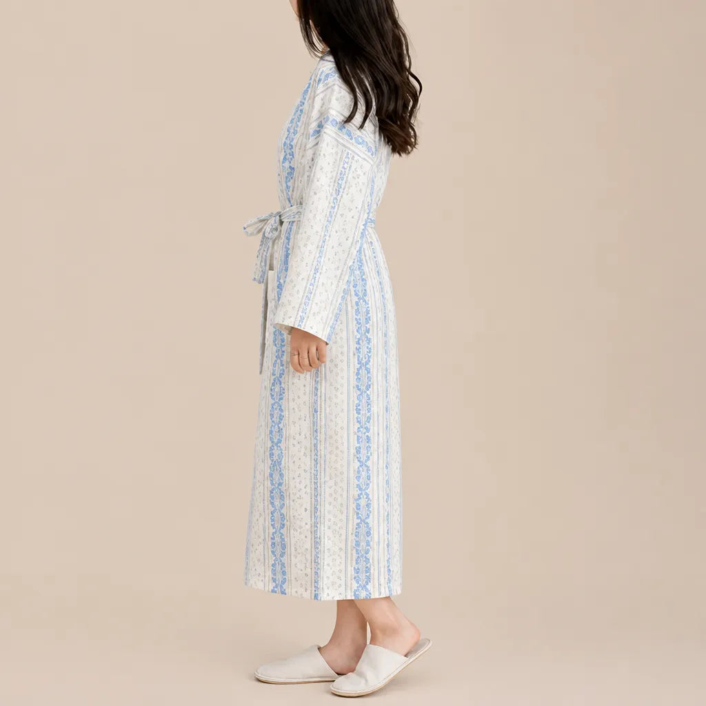 La boutique du peignoir Peignoir Nid d'Abeille Femme - Long et Léger, Rayé Fleuri Bleu Ciel