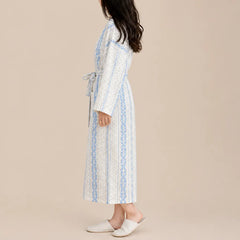 La boutique du peignoir Peignoir Nid d'Abeille Femme - Long et Léger, Rayé Fleuri Bleu Ciel