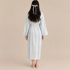 La boutique du peignoir Peignoir Nid d'Abeille Femme - Long et Léger, Rayé Fleuri Bleu Ciel