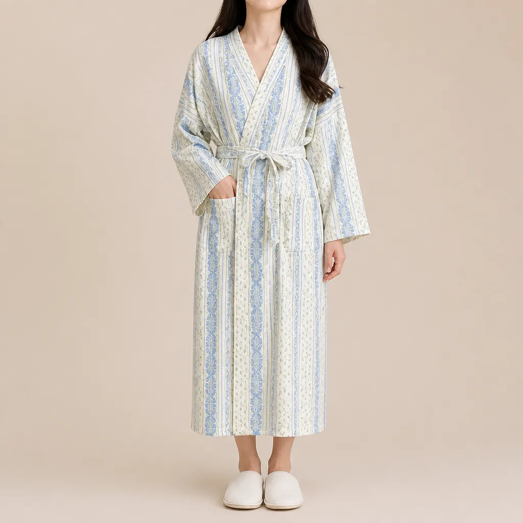 La boutique du peignoir Peignoir Nid d'Abeille Femme - Long et Léger, Rayé Fleuri Bleu Ciel