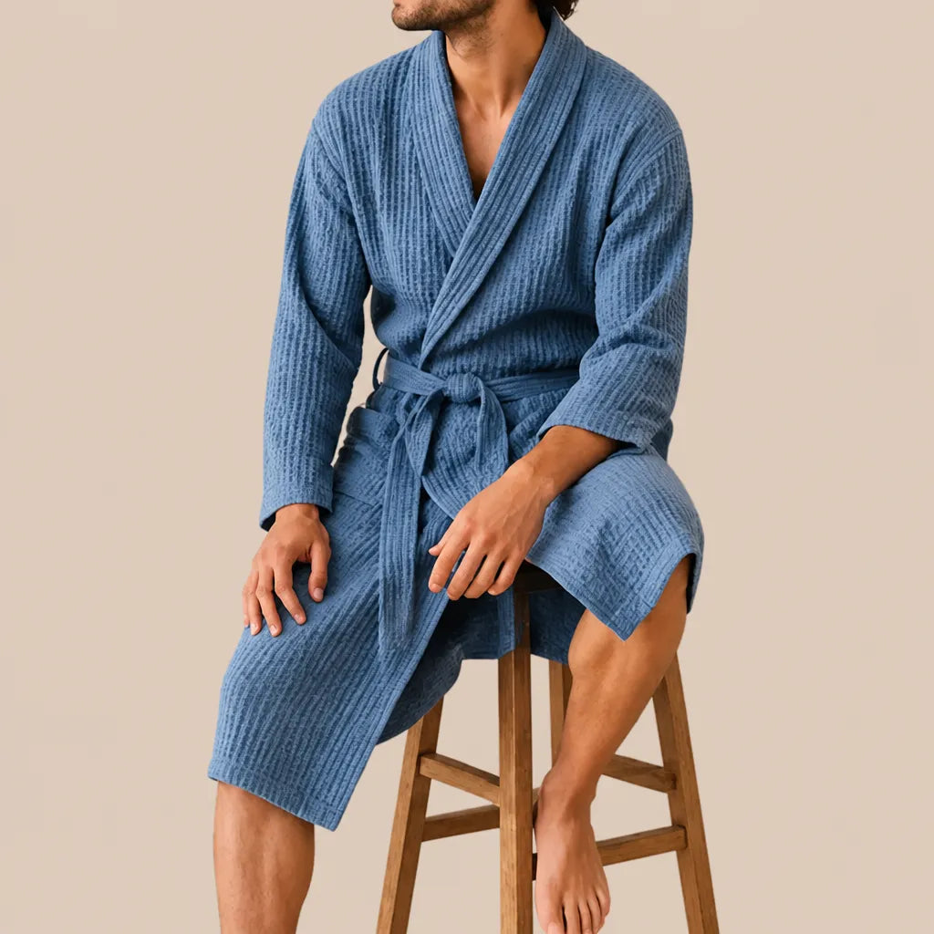 La boutique du peignoir Peignoir Nid d'Abeille - Unisexe Côtelé en Coton, Bleu Jean