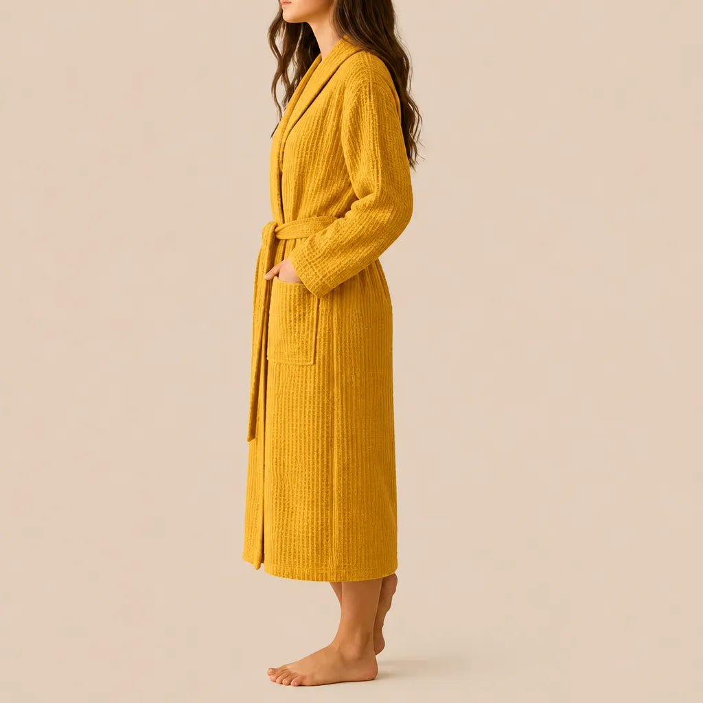 La boutique du peignoir Peignoir Nid d'Abeille - Unisexe Côtelé en Coton, Jaune Moutarde