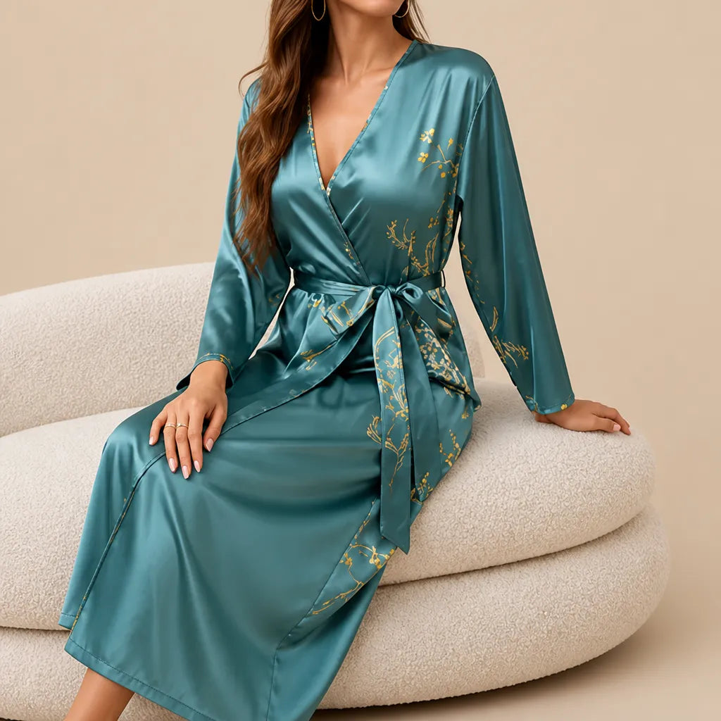 La boutique du peignoir Peignoir Satin Femme - Long à Branches Fleuries, Bleu Canard