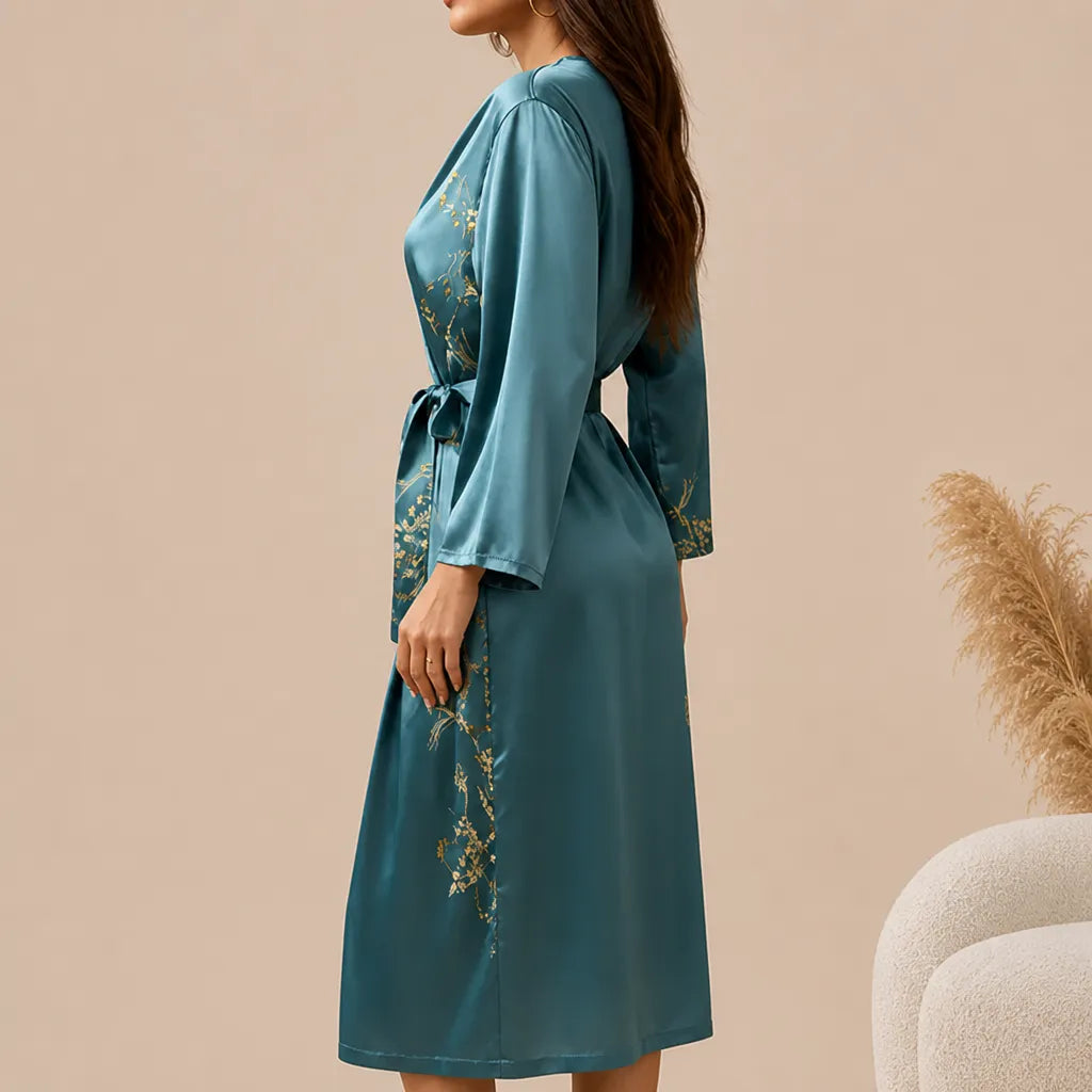 La boutique du peignoir Peignoir Satin Femme - Long à Branches Fleuries, Bleu Canard