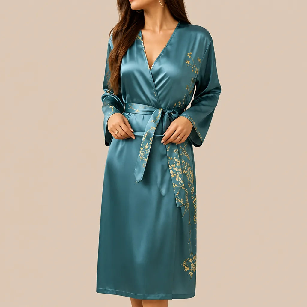 La boutique du peignoir Peignoir Satin Femme - Long à Branches Fleuries, Bleu Canard