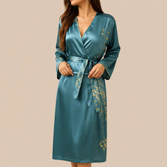 La boutique du peignoir Peignoir Satin Femme - Long à Branches Fleuries, Bleu Canard