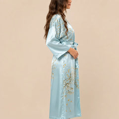 La boutique du peignoir Peignoir Satin Femme - Long à Branches Fleuries, Bleu Ciel