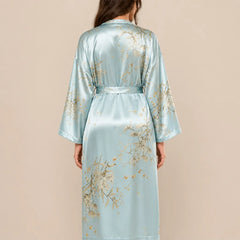 La boutique du peignoir Peignoir Satin Femme - Long à Branches Fleuries, Bleu Ciel
