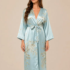 La boutique du peignoir Peignoir Satin Femme - Long à Branches Fleuries, Bleu Ciel