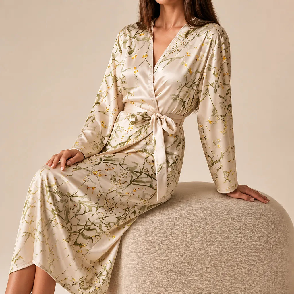 La boutique du peignoir Peignoir Satin Femme - Long à Branches Fleuries, Champagne