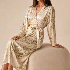 La boutique du peignoir Peignoir Satin Femme - Long à Branches Fleuries, Champagne