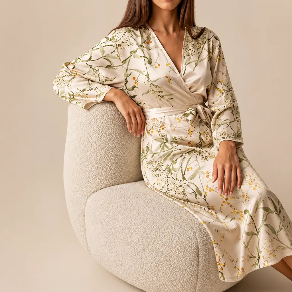 La boutique du peignoir Peignoir Satin Femme - Long à Branches Fleuries, Champagne