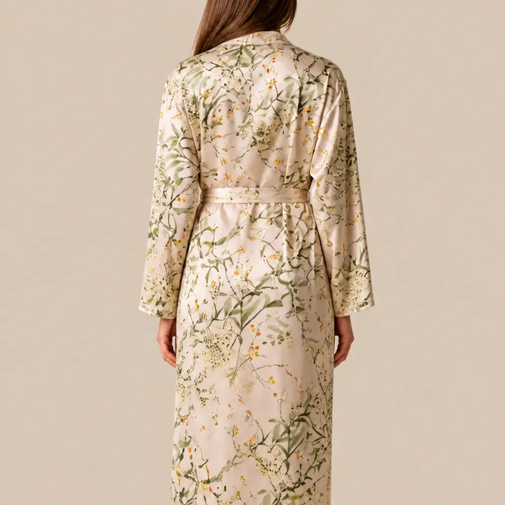 La boutique du peignoir Peignoir Satin Femme - Long à Branches Fleuries, Champagne