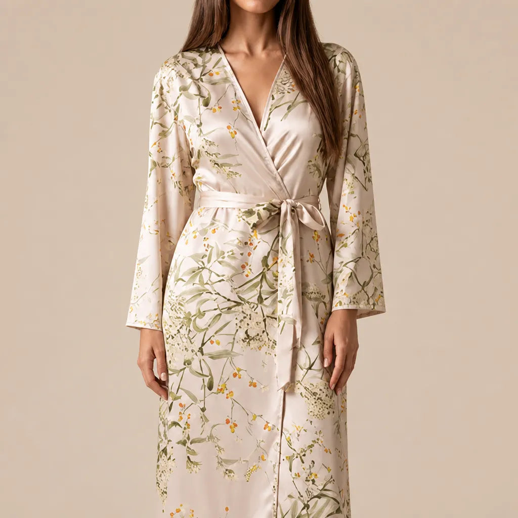 La boutique du peignoir Peignoir Satin Femme - Long à Branches Fleuries, Champagne