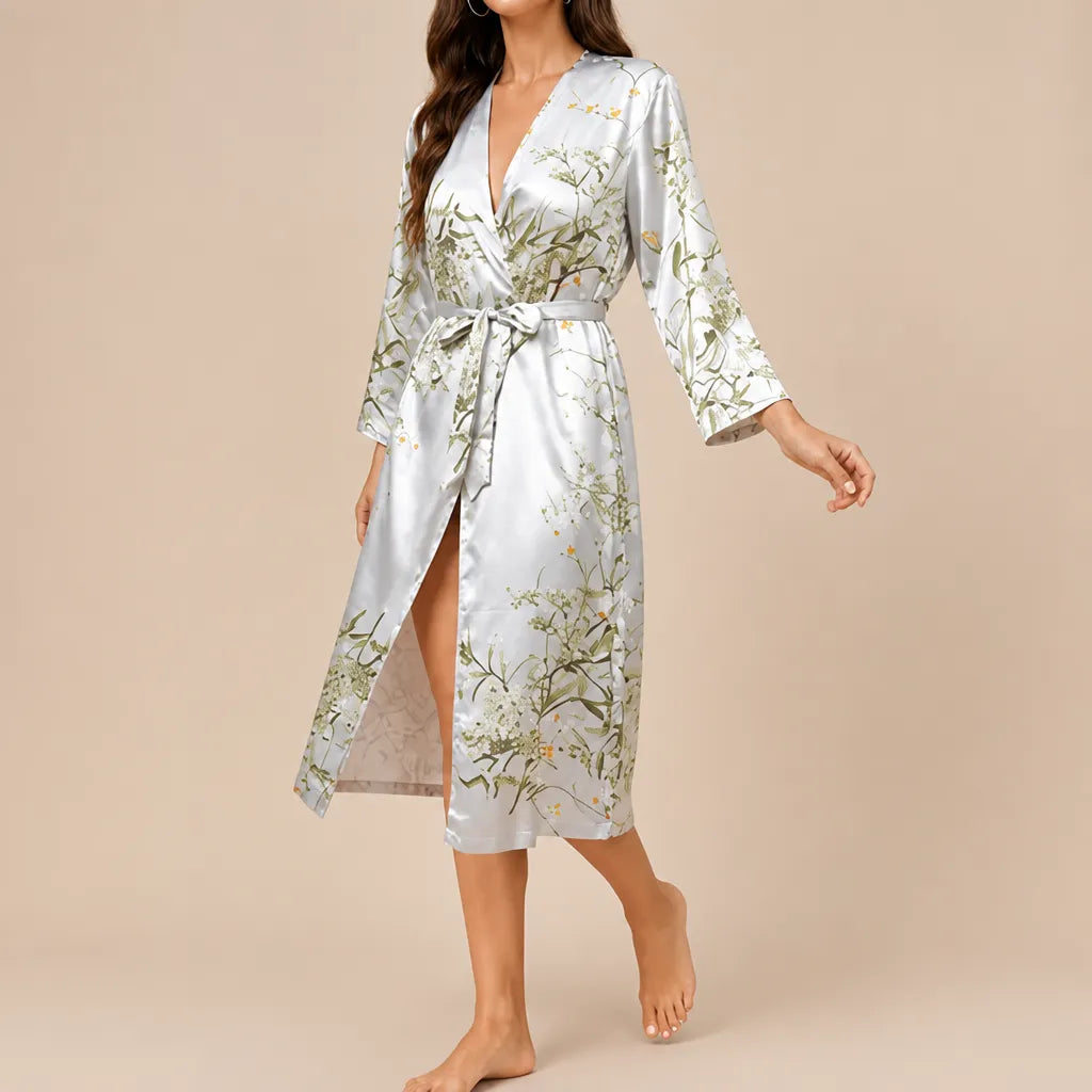 La boutique du peignoir Peignoir Satin Femme - Long à Branches Fleuries, Gris Perle