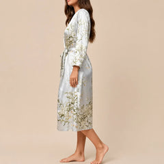 La boutique du peignoir Peignoir Satin Femme - Long à Branches Fleuries, Gris Perle