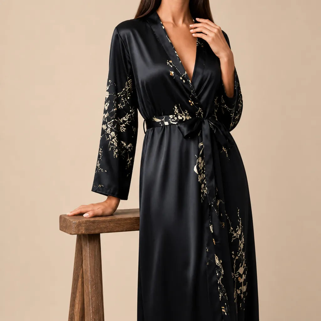 La boutique du peignoir Peignoir Satin Femme - Long à Branches Fleuries, Noir