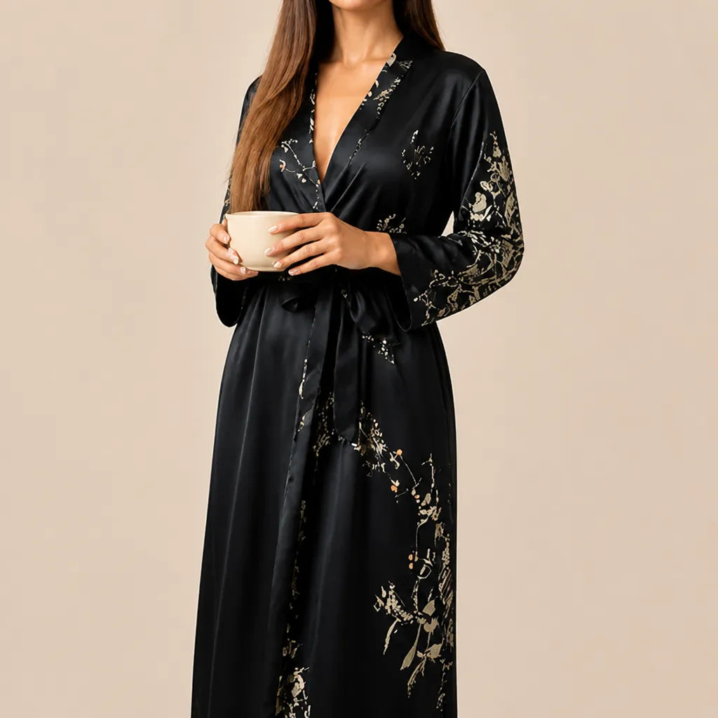 La boutique du peignoir Peignoir Satin Femme - Long à Branches Fleuries, Noir