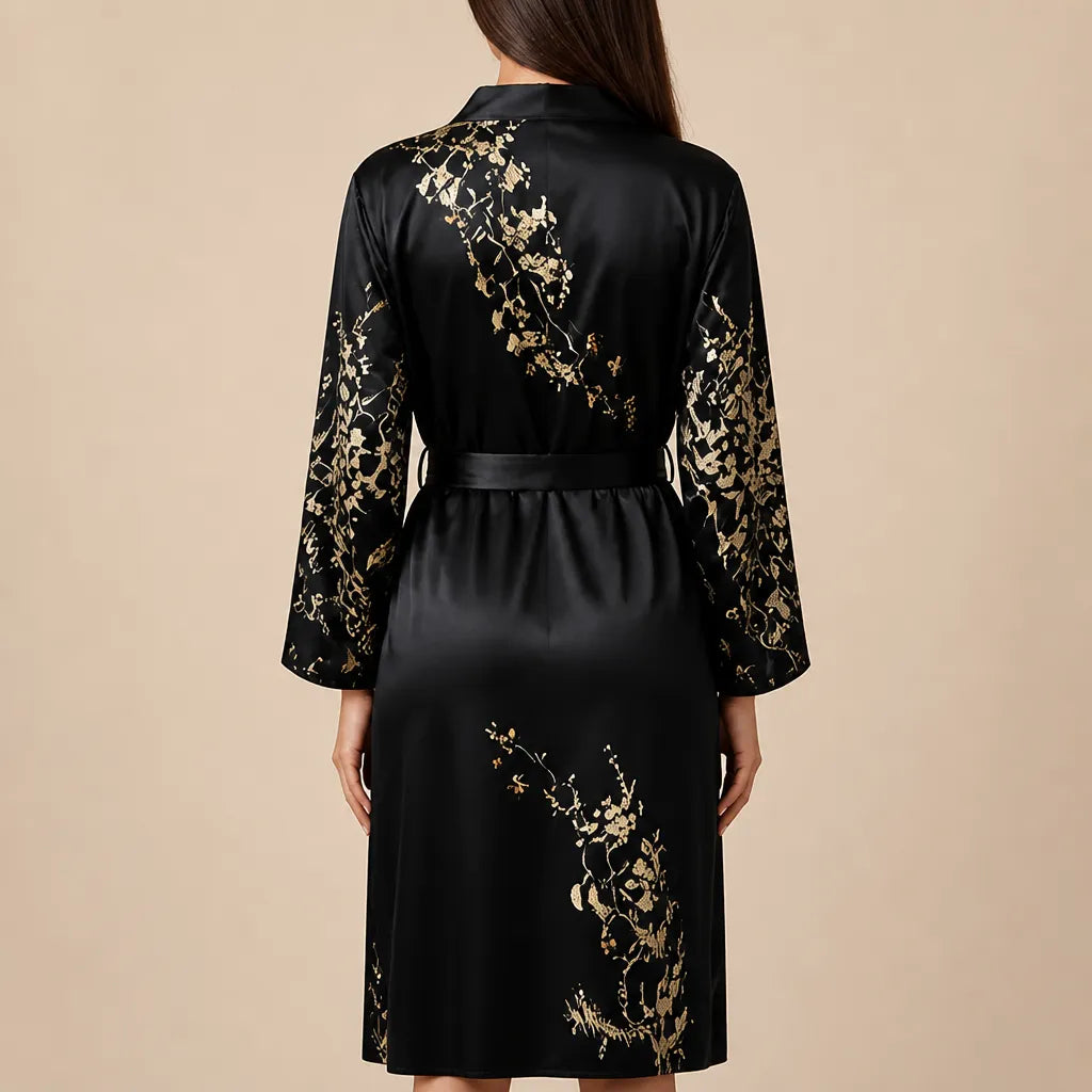 La boutique du peignoir Peignoir Satin Femme - Long à Branches Fleuries, Noir