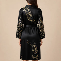 La boutique du peignoir Peignoir Satin Femme - Long à Branches Fleuries, Noir