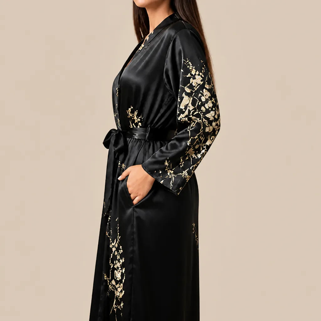 La boutique du peignoir Peignoir Satin Femme - Long à Branches Fleuries, Noir